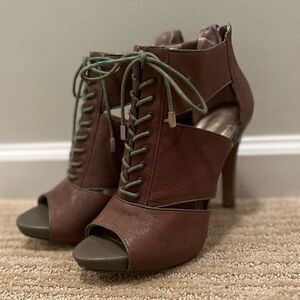 BCBGeneration Brown Leather Heels with Green Lace up the Front
